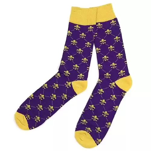 boxed-gifts Men's Fleur de Lis Diamond Dotted Line Premium Cotton Dress Casual Crew Socks