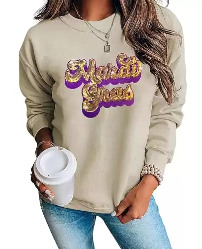 SELINK Womens Mardi Gras Sweatshirt Oversized Crewneck Sequin Long Sleeve Casual Pullover Tops