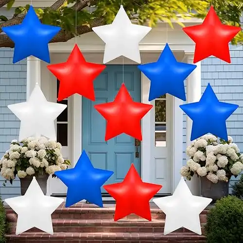 12 Pcs 4th of July Inflatable Balloons Patriotic Outdoor Decorations PVC 12'' American Flag Star Hanging Ornaments Red White and Blue Inflatable Star for Independence Day Decor
