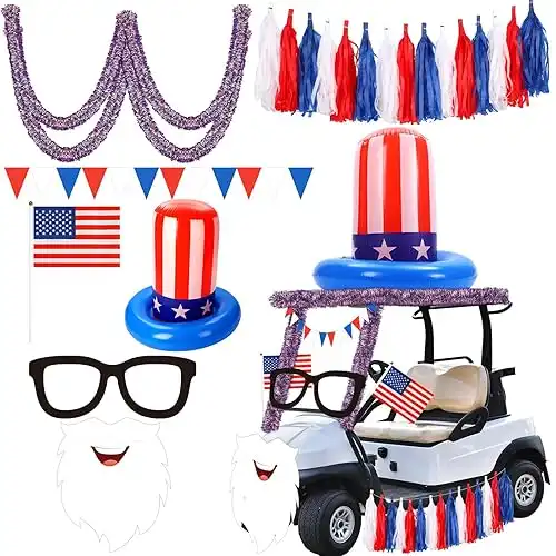4th of July Golf Cart Decoration Kit Patriotic Parade Golf Cart Decor Including Hat Glasses Beard Flags Garlands Pennant Banner for Independence Day Memorial Day Patriotic Decor