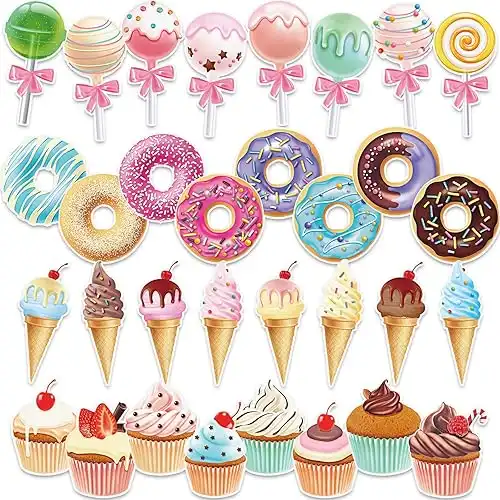 Sepamoon 32 Pcs Candy Party Decorations Includes Ice Cream Donuts, Round Lollipop and Cupcakes Cutouts Party Decorations with Glue Point Dots for Home Room Decor
