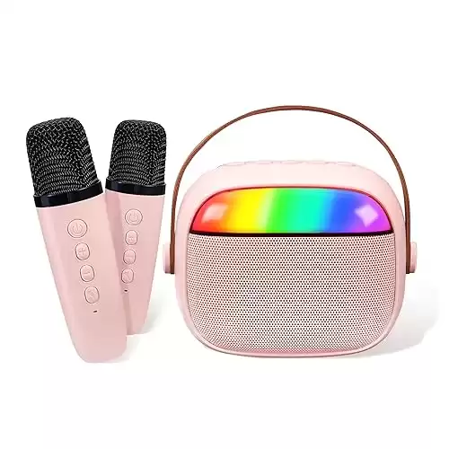 Mini Karaoke Machine for Kids Adults, Mini Portable Bluetooth Karaoke Speaker with 2 Wireless Microphone and Lights, Birthday Gifts for Girls Ages 4, 5, 6, 7, 8, 9, 10, 12+ Family Home Party