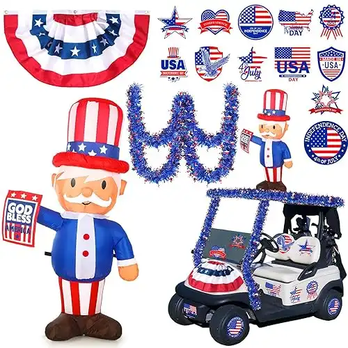 20 Pcs 4th of July Golf Cart Decoration Kit Patriotic Blow up Inflatable for Golf Cart Independence Day Bunting Burlap Flag Metallic Tinsel Garland and Sticker for Festival Parade Decor