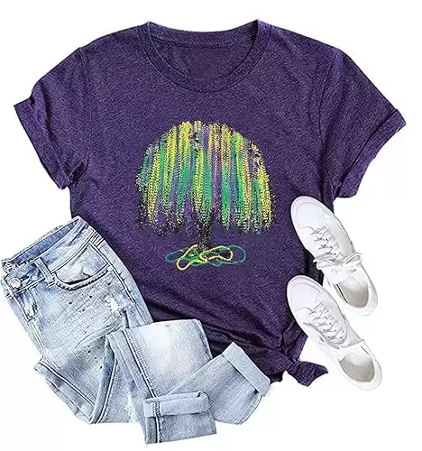 Mardi Gras T-Shirt for Women Mardi Gras Tree Shirts Fat Tuesday Carnival Tee Funny Celebration Party Gift Shirt