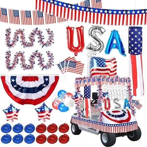 4th of July Golf Cart Decorations Kit, Patriotic Parade Golf Cart Decor - Foil Fringe Garland, Pleated Fan Flag, Flag Windsock,Tinsel Garland, Flags Balloons for Independence Day Memorial Day