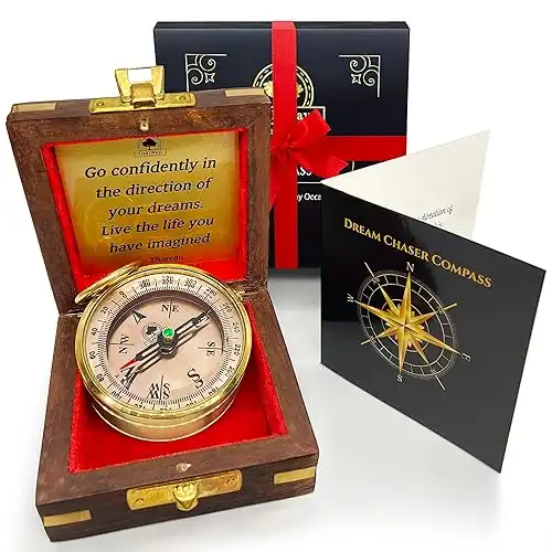 The Dream Chaser Compass in Wooden Box - 2025 Graduation Gifts for Him, College, High School, Birthday Gift Idea for Son, Boys, Daughter - Greeting Card Included, Inspirational, Motivational Present