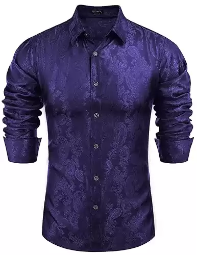 COOFANDY Men's Silk Satin Dress Shirt Long Sleeve Floral Printed Shirt Paisley Button Down Shirts for Wedding Party Prom
