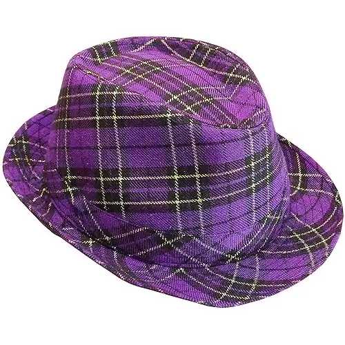 Skeleteen Mardi Gras Fedora Hat - Plaid Purple Mardi Gras Costume Accessories Headwear for French Parade and Party for Men Women and Children