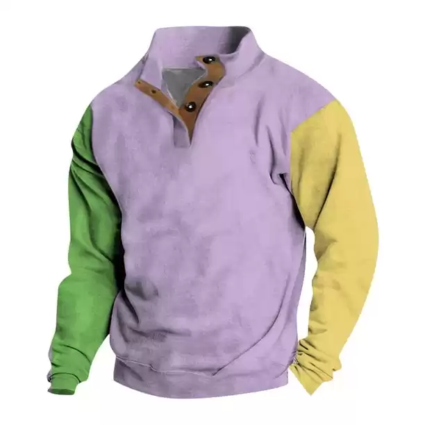 Taymeis Mardi Gras Crew Neck Sweatshirt for Mens Casual Stylish Fall Stand Collar Carnival Themed Color Block Parade Pullover Long Sleeve Button Down Thermal Shirts Light Purple XL
