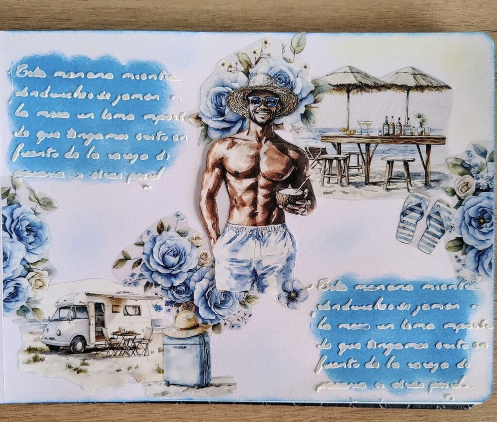 Tropical beach journal page with a beach bar scene, blue roses, camper van, suitcase, and a man holding a drink.