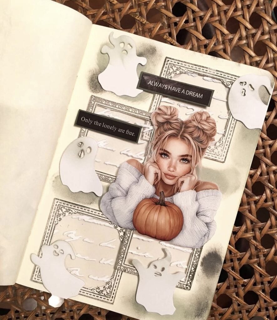 Cozy neutral scrapbook page featuring soft white ghosts, pumpkin girl illustration, lace trim, and stitched pockets.