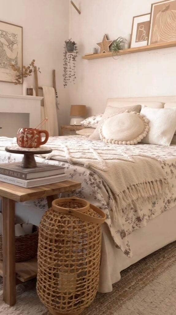 Cozy neutral fall bedroom decor with cream floral bedding, layered pillows, and rustic wood nightstand styling.
