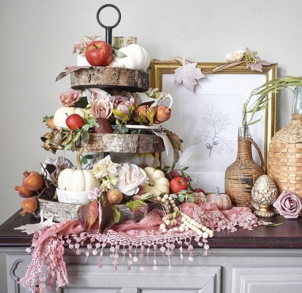 early fall tiered tray with apples, pale pink, white pumpkins on a wooden tiered tray