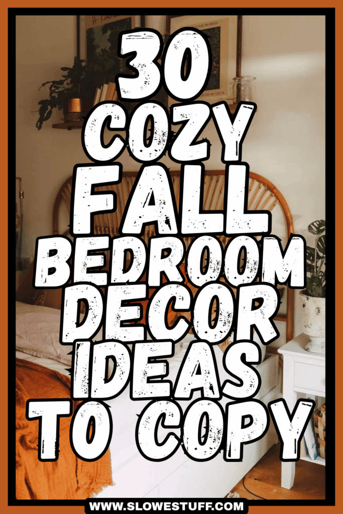 Cozy fall bedroom decorated with golden throw blanket, soft layered bedding, textured area rug, potted plants by the window, and rattan light fixture, overlaid with text “30 Cozy Fall Bedroom Decor Ideas and Inspiration.”