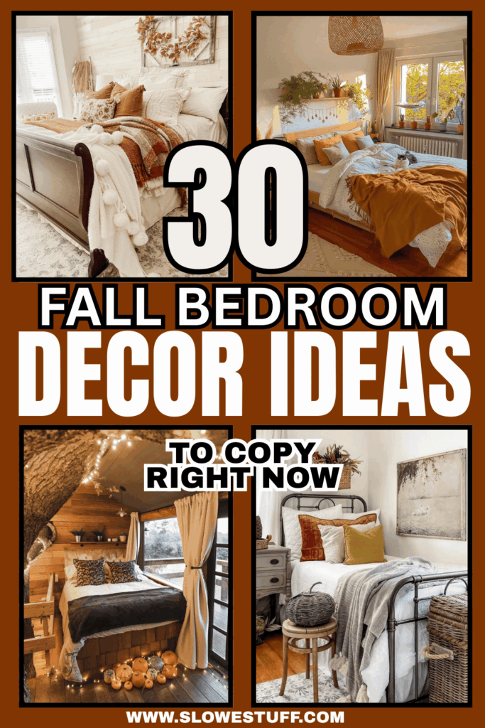 Collage of inviting fall bedrooms featuring neutral and rust-colored bedding with chunky knit blankets, rattan light fixture, cozy treehouse bedroom with string lights, and black tufted headboard with fall pillows, overlaid with text “30 Fall Bedroom Decor Ideas to copy right now.”