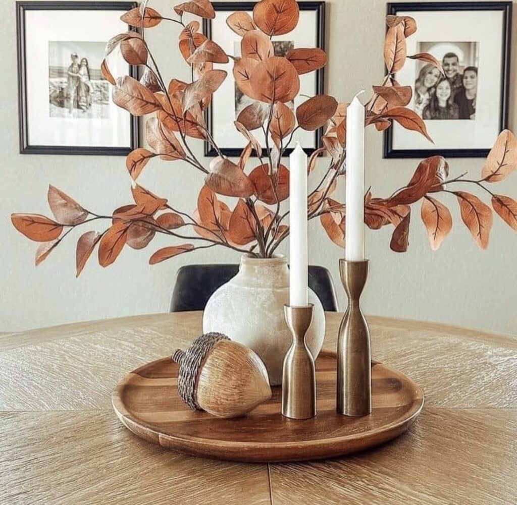 Fall neutral round tray with acorn and candlesticks