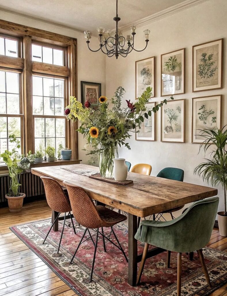 Farmhouse dining room with a rustic wood table, vintage rug, and sunflower centerpiece for early-fall charm.