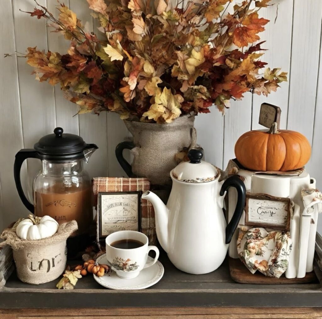Fall coffee tray with autumn leaves, pumpkins, and mugs