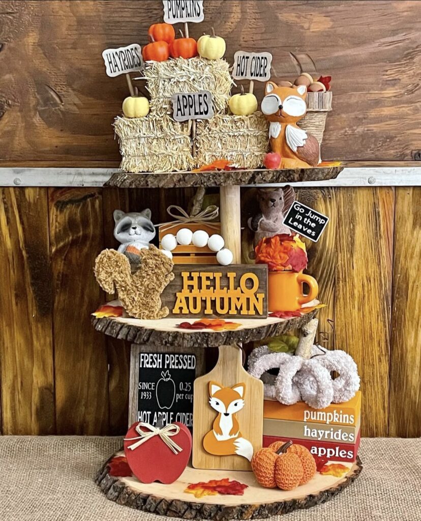 Three tier wooden tray with hayride aesthetic for fall