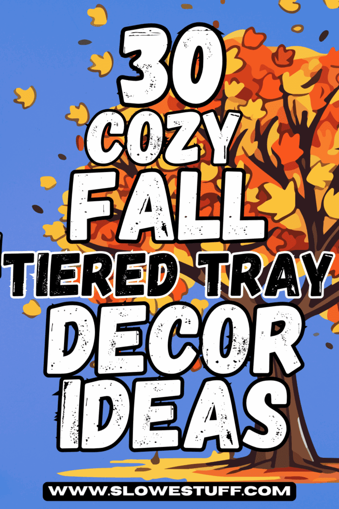 Pinterest graphic of cartoon tree with autumn colored leaves on a blue background with heading 30 cozy fall tiered tray decor ideas featured by slowestuff.com