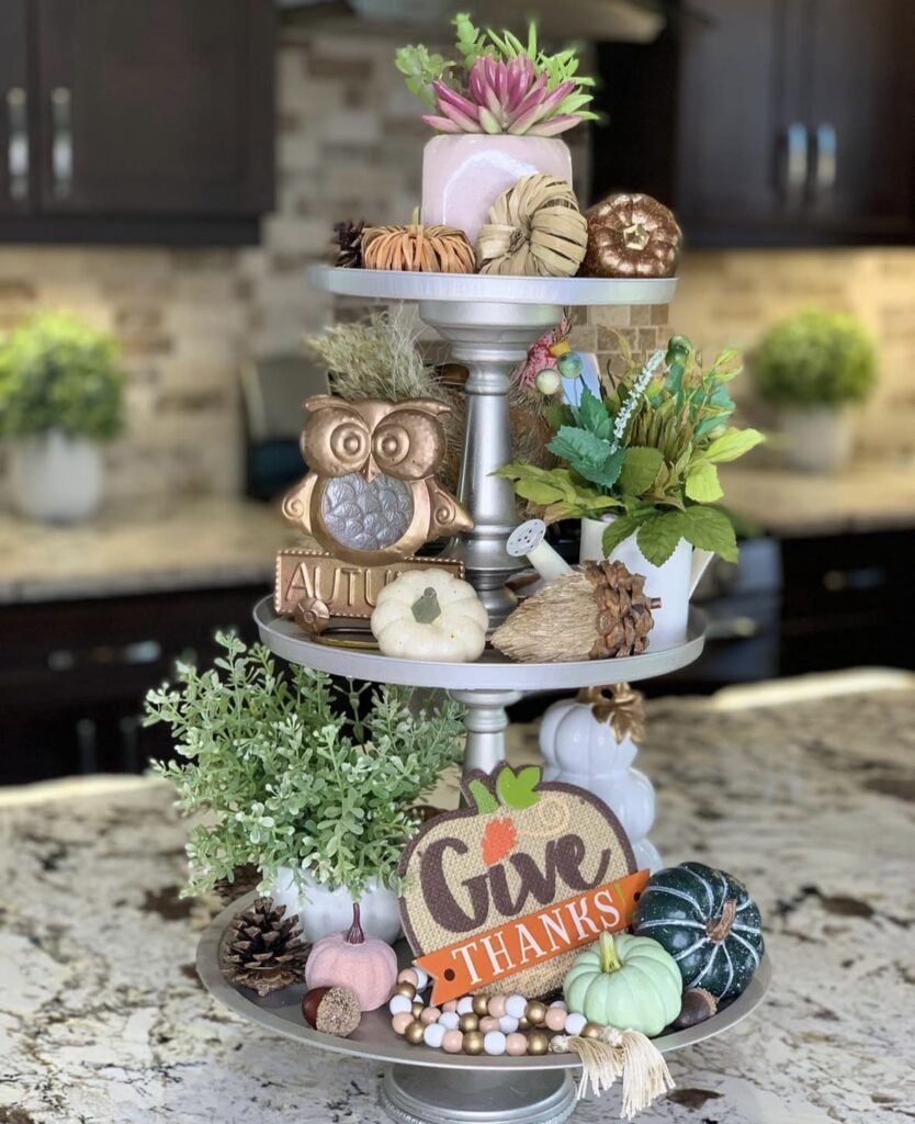fall tiered tray decorated with dollar store pieces
