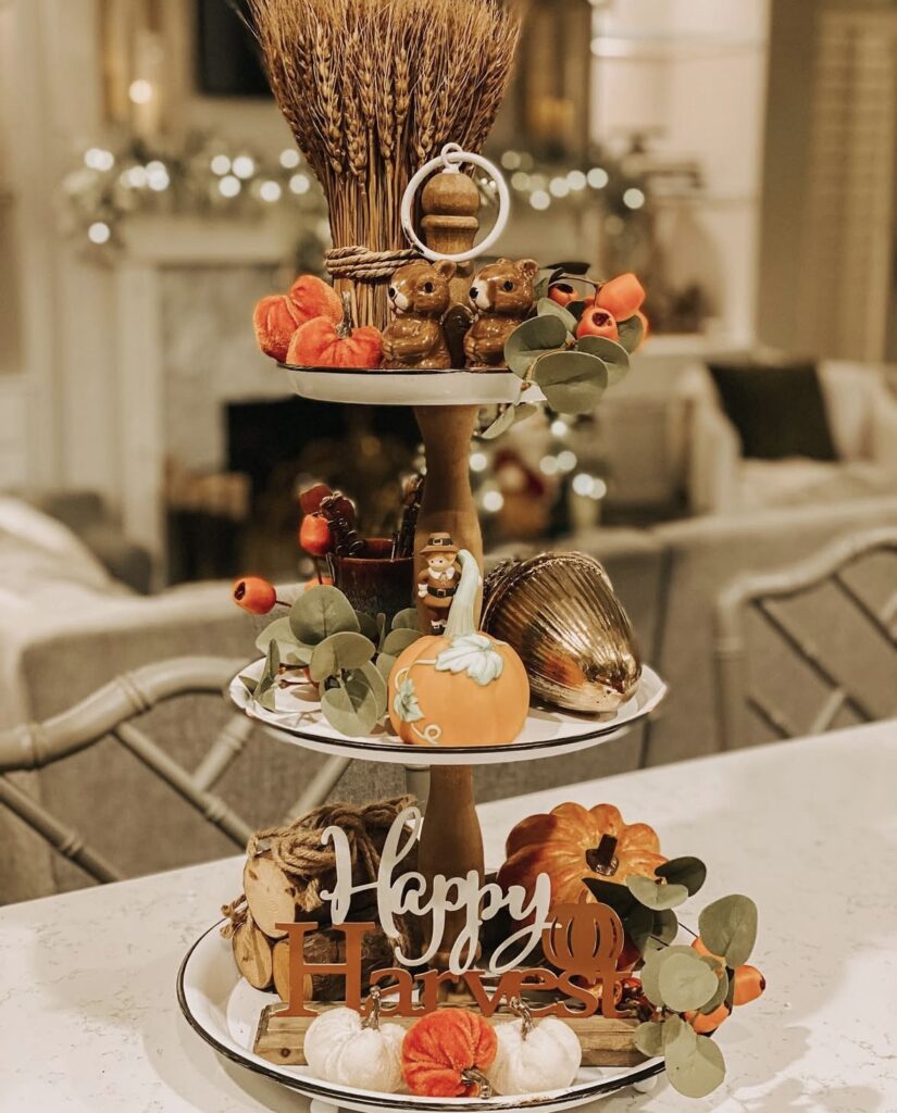 metal three tiered fall tray with happy harvest styling