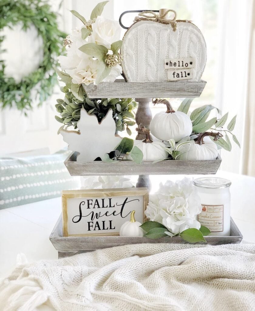 rectangular three tiered tray in white rustic finish with white decor for fall
