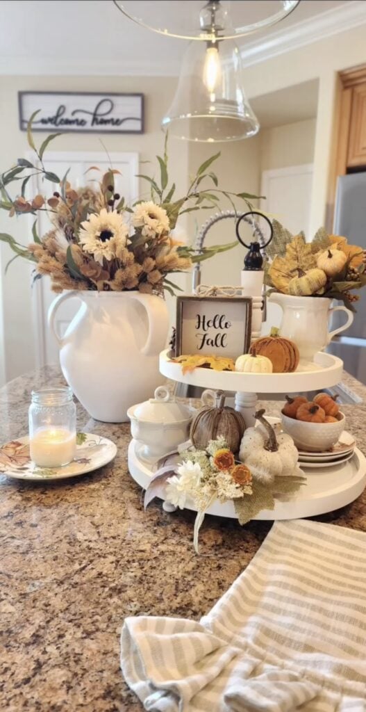 Tiered tray decor ideas with tan, white and brown decorations