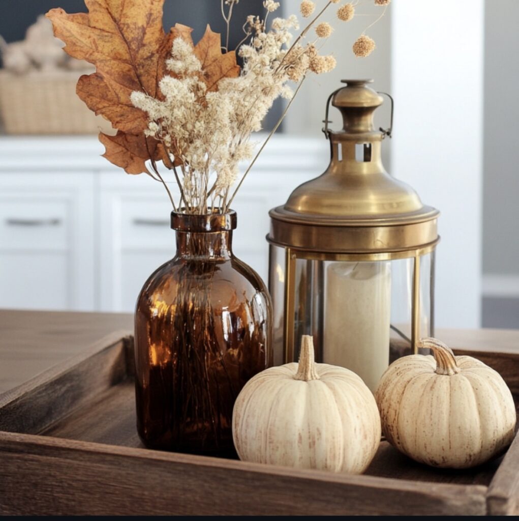 Fall tray with lantern, floral arrangement, and mini pumpkins