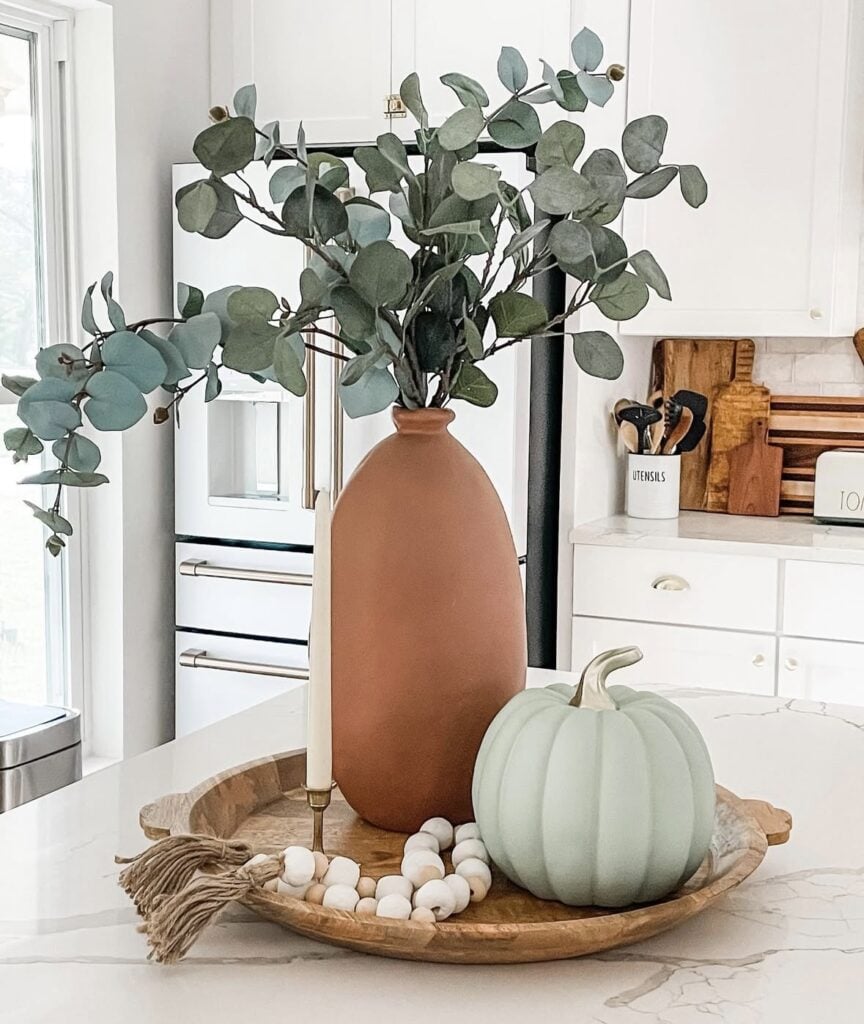 Fall tray with turquoise and brown pitcher and autumn flowers
