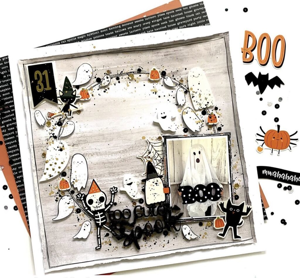 Circular wreath layout with tiny ghosts, “31” number badge, BOO title, and layered die cuts on kraft.