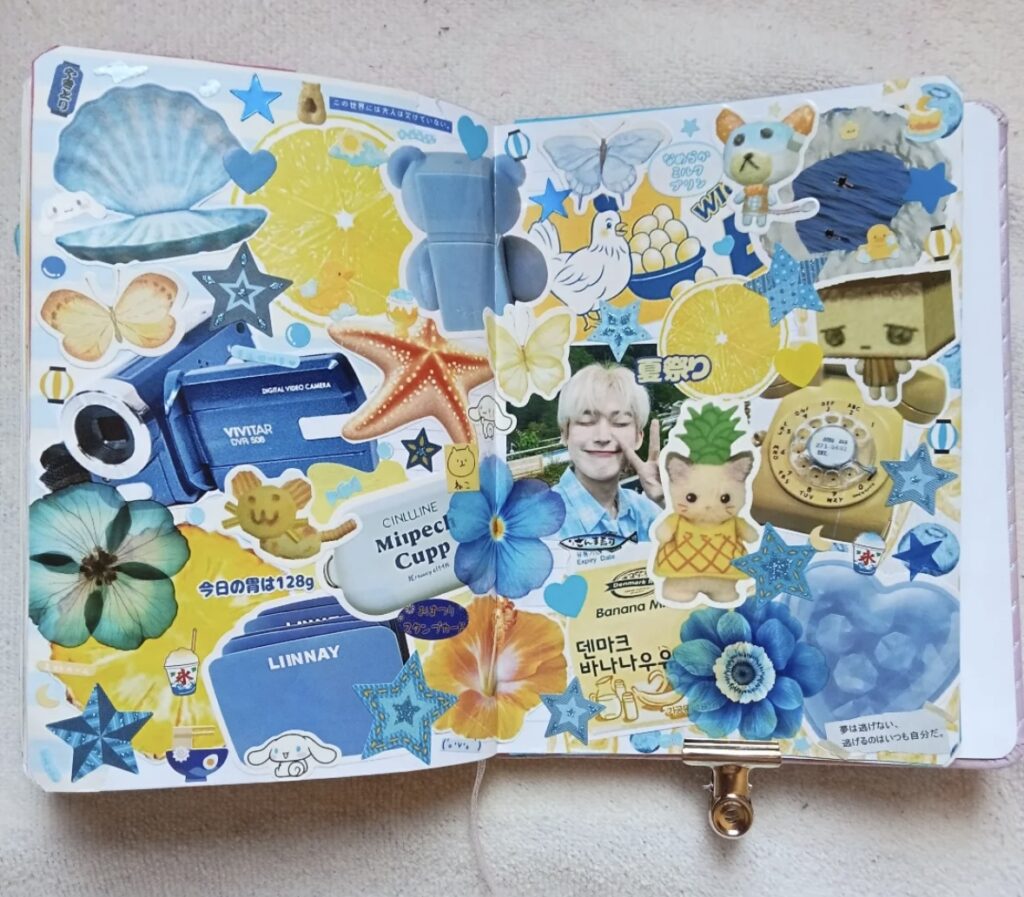 collage style junk journal two pages with summer themed stickers in blue and yellow themes