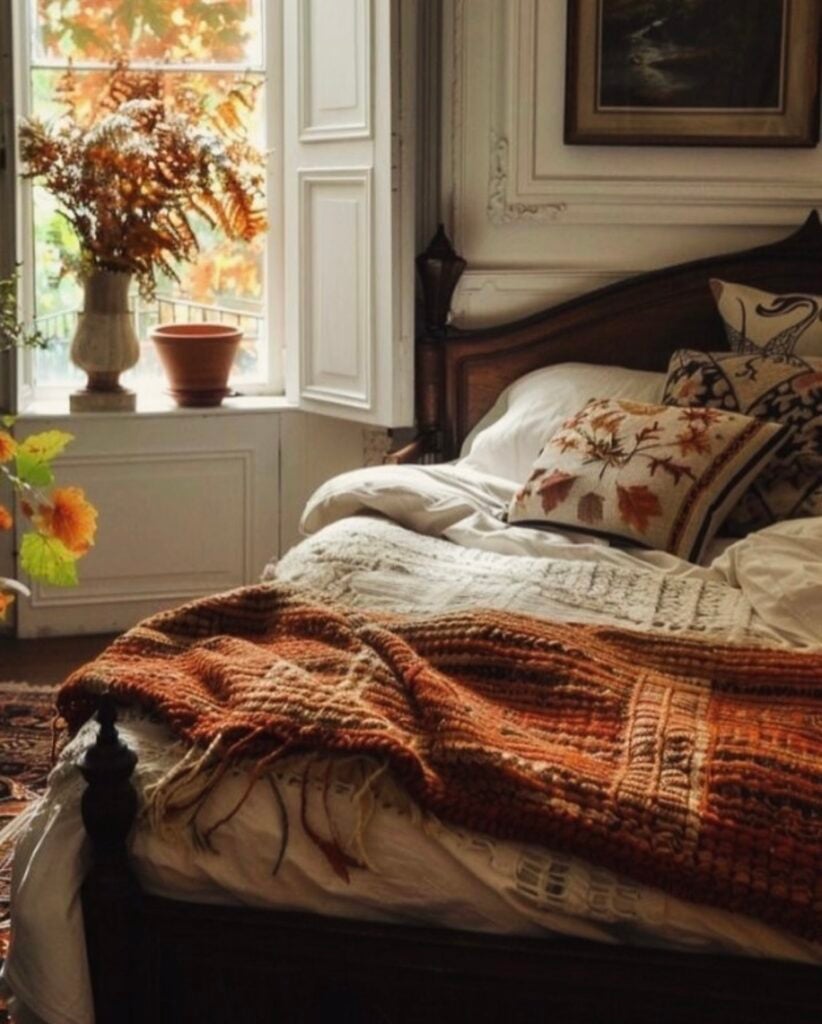 Warm moody fall bedroom with vintage wood bed, autumn leaf throw pillow, and chunky orange knit blanket.