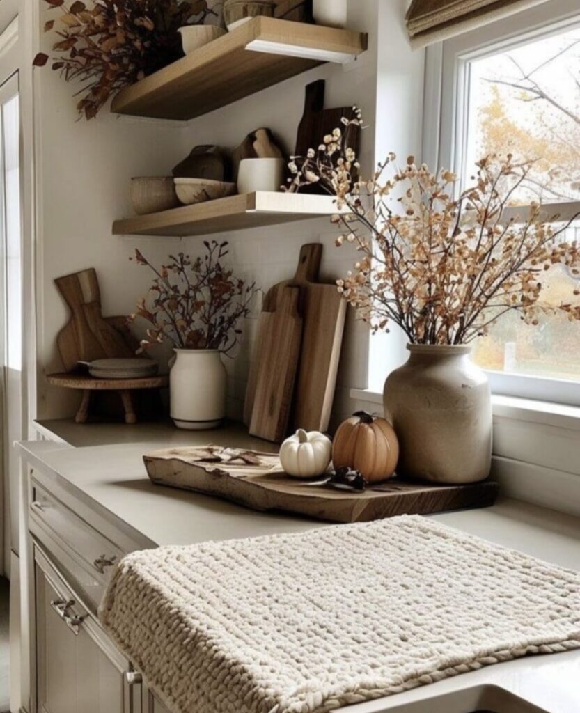 Kitchen counter with natural fall seasonal elements like wooden cutting boards, clay pot with foliage, a woven dishtowel and corresponding shelves
