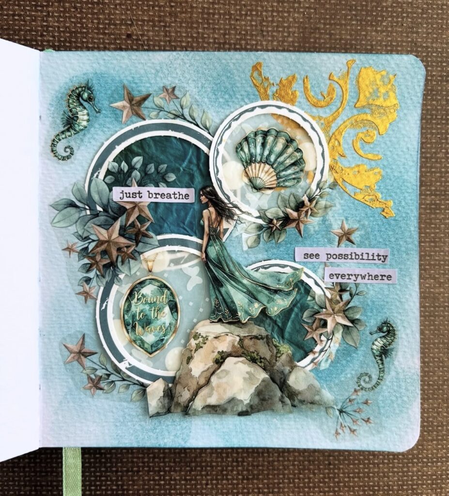 Teal ocean journal page with layered circles, seashell embellishment, star accents, seahorses, and the words “just breathe.”