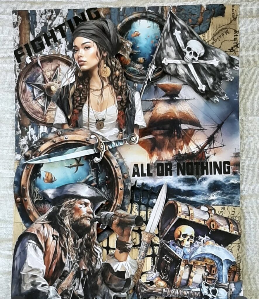 Pirate themed junk journal collage featuring a treasure map, skull and crossbones, and vintage nautical ephemera in tan and navy tones