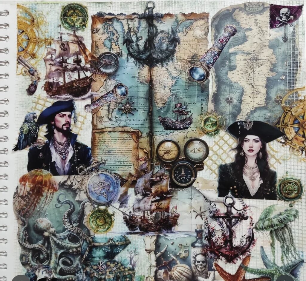 Ocean junk journal collage spread with vintage world map, pirate man and pirate woman, ships, telescopes, compass details, anchor, octopus, jellyfish, and sea creature ephemera.