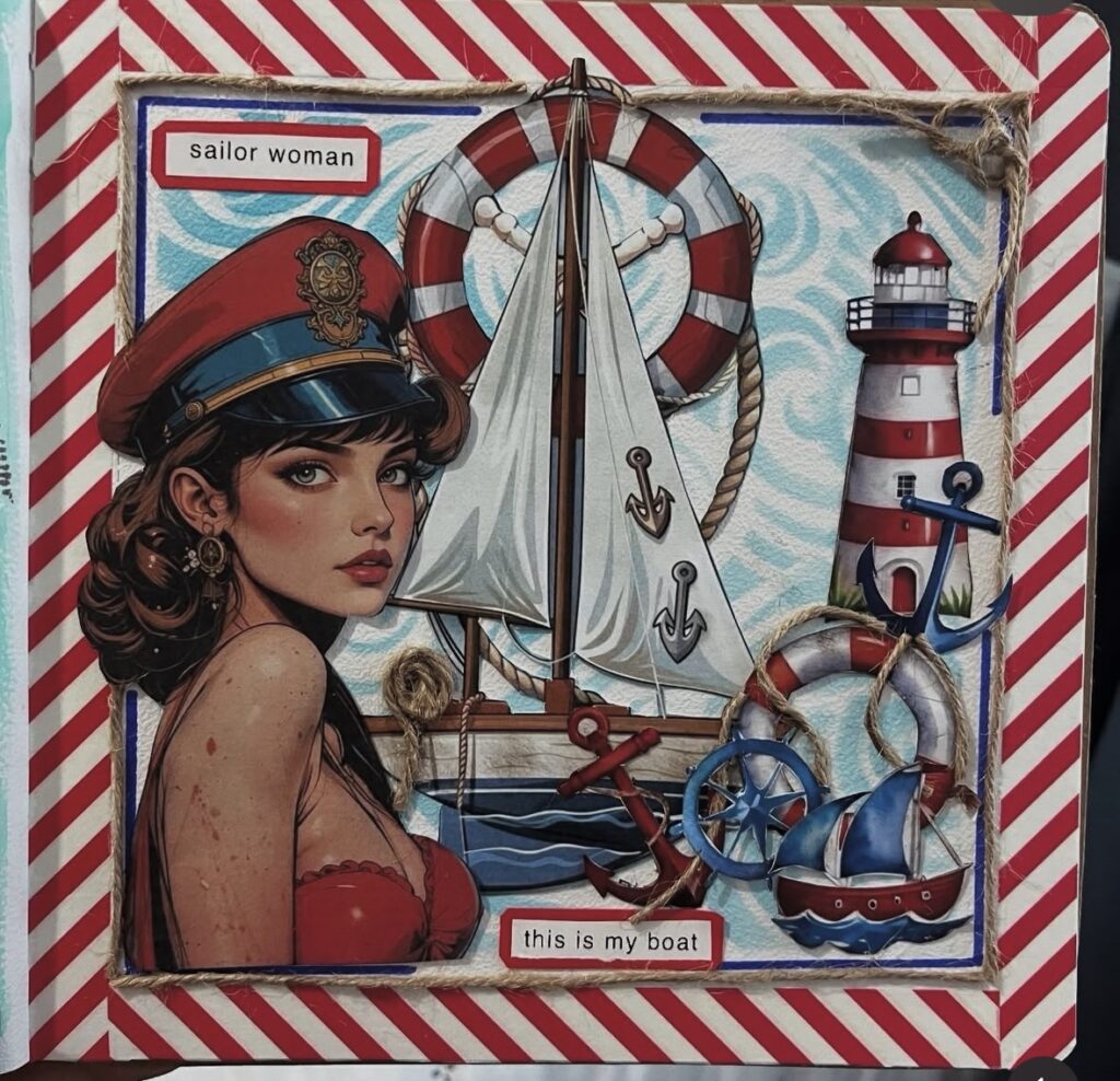 Sailor woman nautical journal page with red striped border, sailboat, lighthouse, life preserver, anchors, rope, and labels that read “sailor woman” and “this is my boat.”
