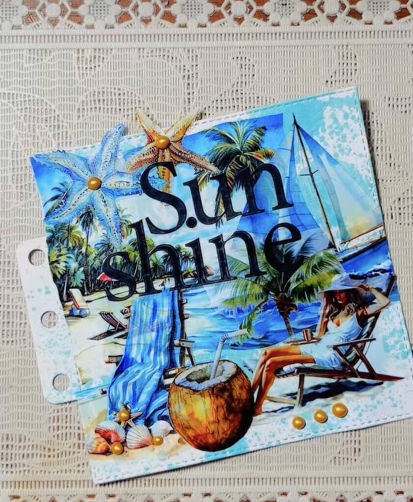 Beach journal card with palm trees, sailboat, coconut drink, and the words “Sun Shine” in bold lettering.