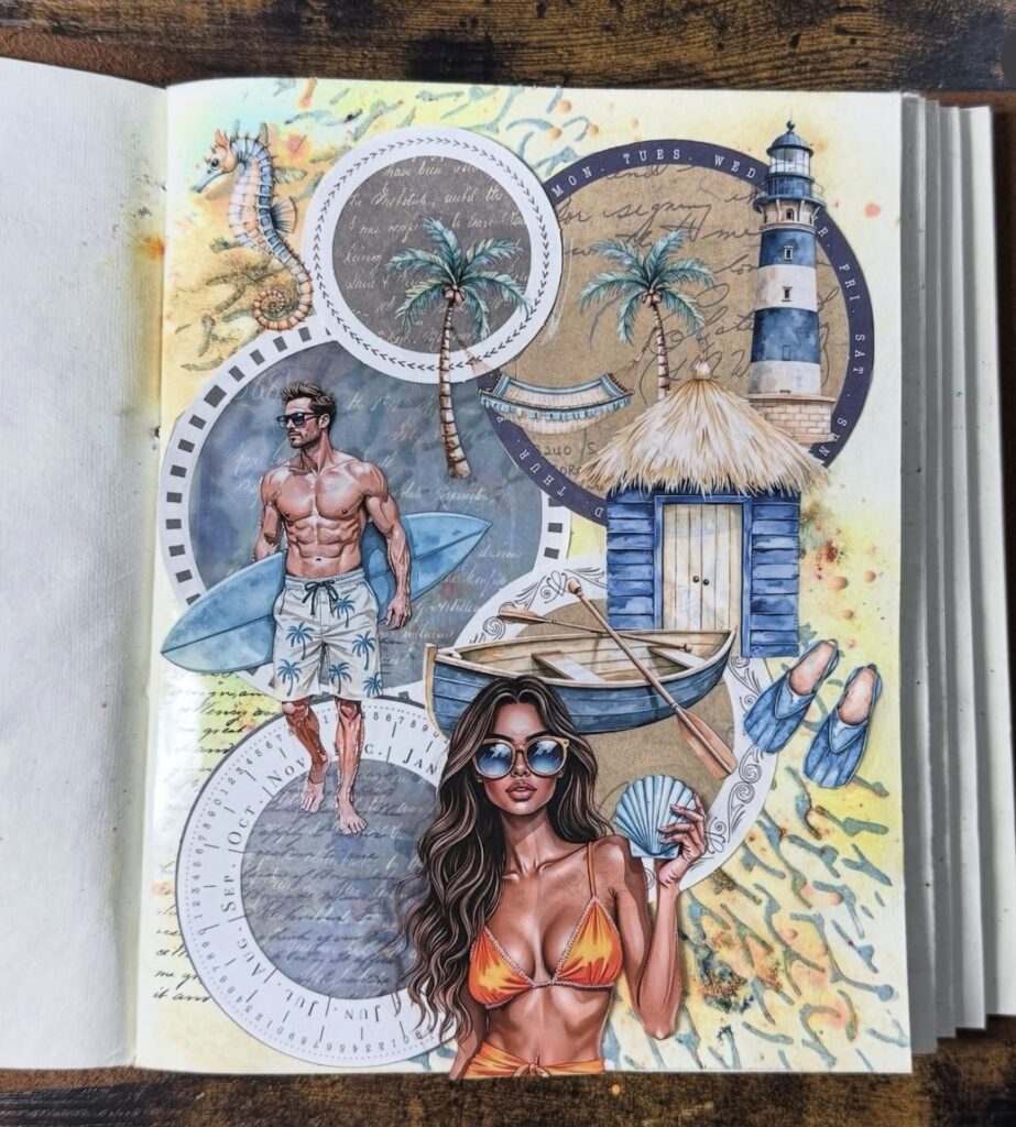 Tropical beach journal collage with a surfer, beach hut, rowboat, lighthouse, and a woman holding a seashell.