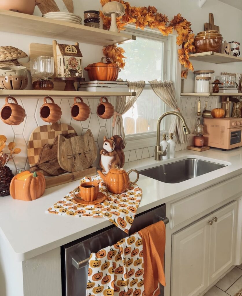 whimsical kitchen with woodland creature pottery, pumpkin mugs, wooden shelves, and wooden cutting boards