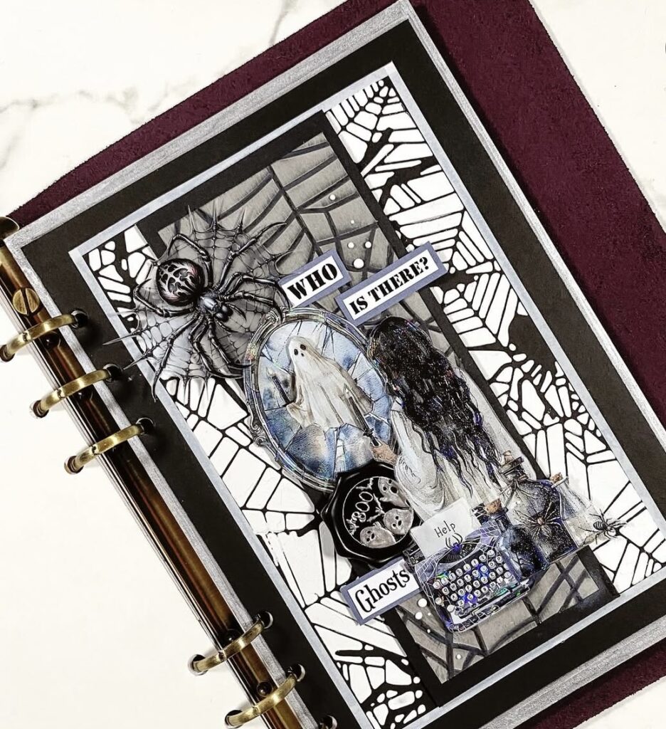Layered Halloween journal spread with a ghost peeking through spider webs, stitched accents, and bold hand-lettered title on vintage paper.