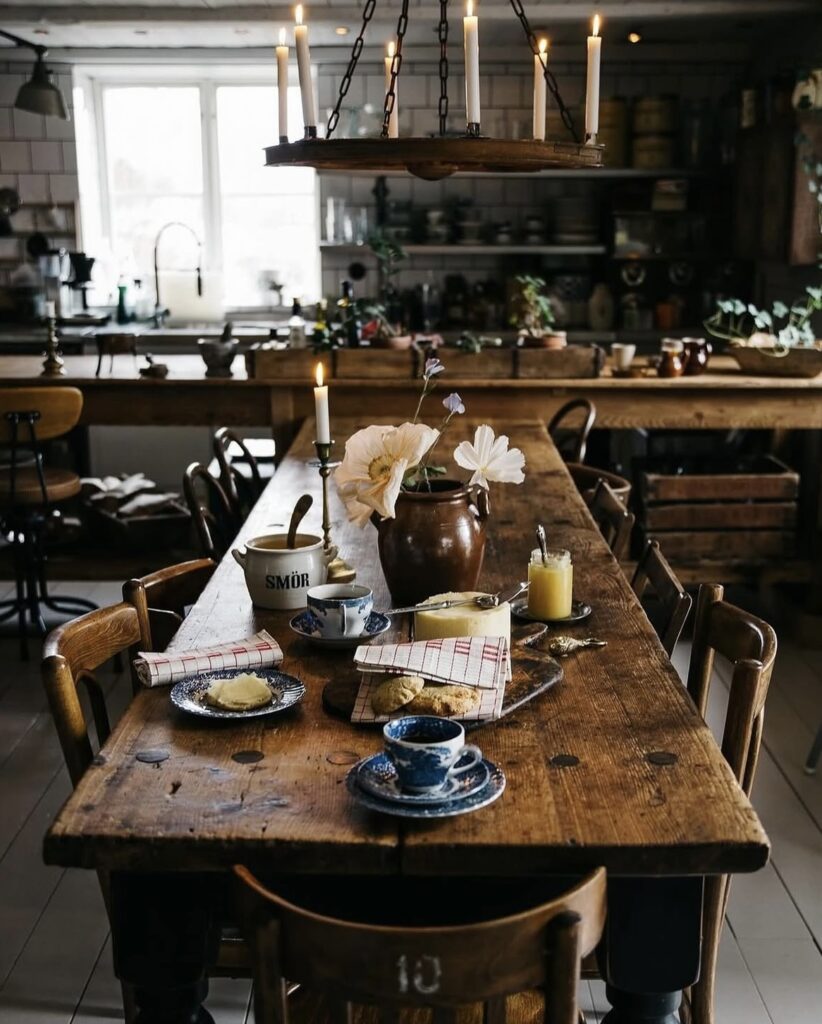 moody fall kitchen with dark academia aesthetic, round candle chandelier, pots and clay pottery on long wooden table