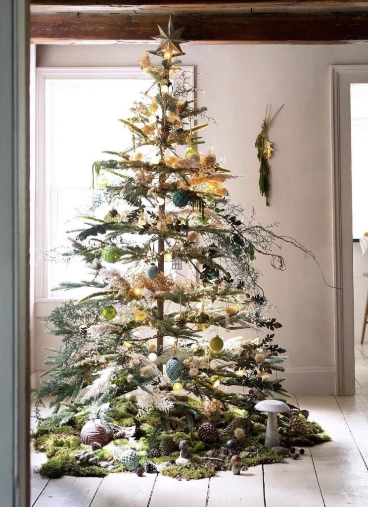 airy-forest-spruce—mossy-ground—mushrooms—dried-botanicals—sage-and-teal-ornaments—star-topper