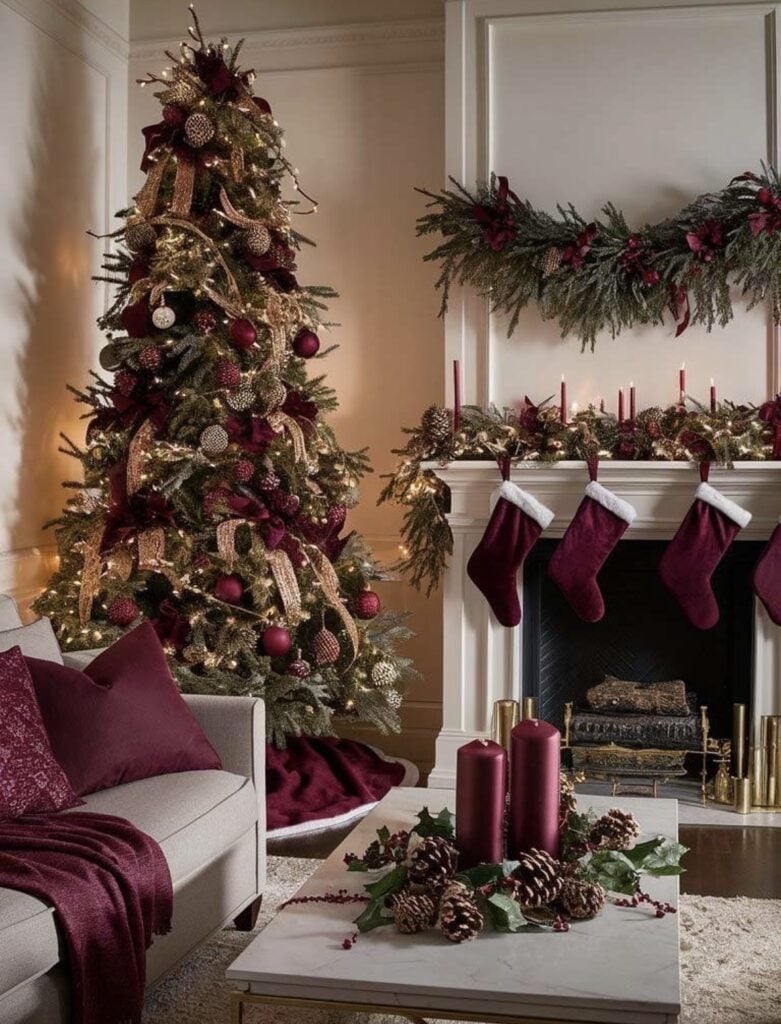 elegant burgundy and gold Christmas tree with velvet bows and ribbon cascades, matching mantel garland and stockings