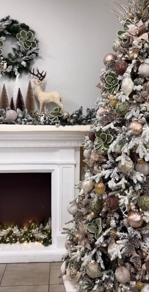 flocked-woodland-tree—sage-flower-ornaments—mixed-metals—pinecones—deer-mantel