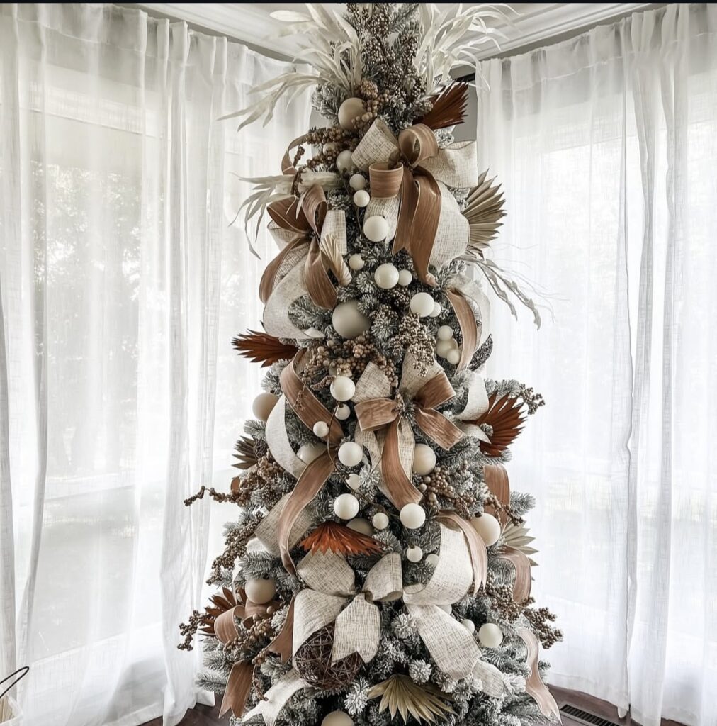Neutral boho-glam Christmas tree with dried palm fronds, soft ribbons, and organic textures.