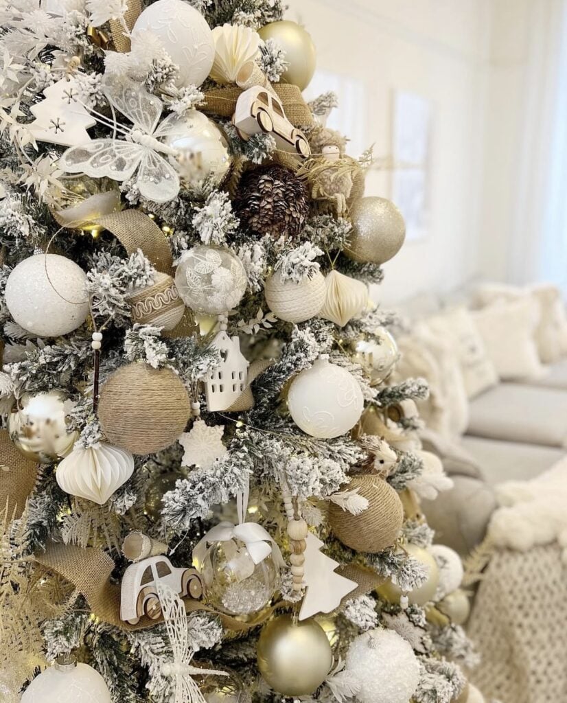 Close-up of glam christmas tree ideas with gold and white accents