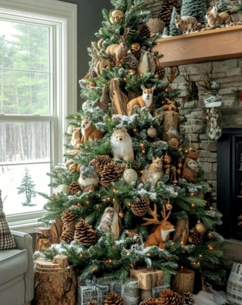 woodland-tree—forest-animals—pinecones—cabin-fireplace—cozy-stone-hearth