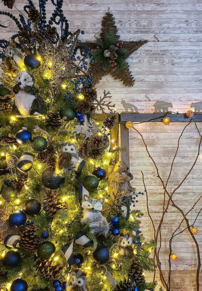 woodland-tree—navy-and-emerald-ornaments—forest-animals—blue-berry-sprays—twig-star